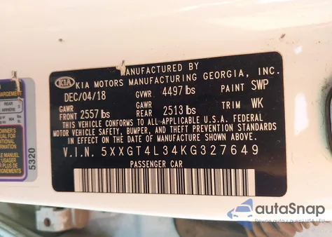 2019 Kia Optima S z USA, uszkodzony, nr VIN 5XXGT4L34KG327649